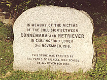 Stone commemorating the victims of the tragedy erected in Kilkeel Graveyard by the pupils of the Kilkeel High School